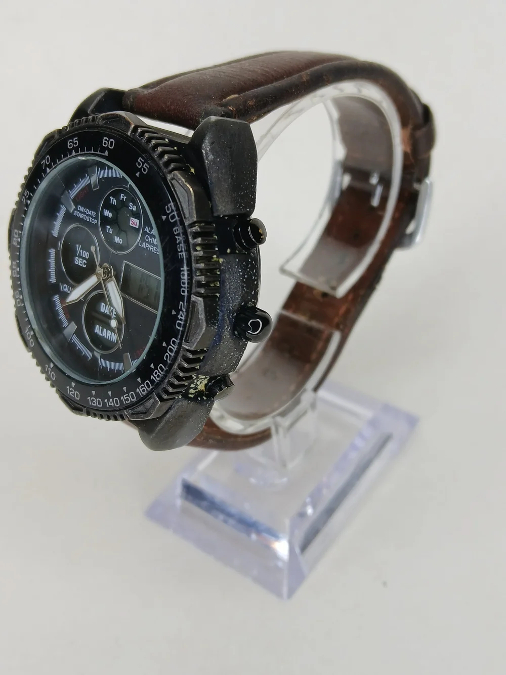 ​Vintage Mens Dual Display Quartz Alarm Chrono Watch Tachymeter Bezel Brown Band